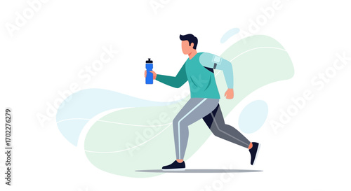 Energetic Athlete Running With a Water Bottle Representing Fitness and Wellbeing Activities