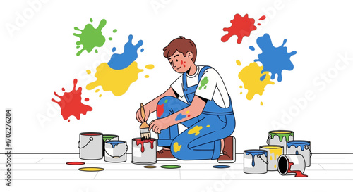Creative Artist Preparing Color Paintings: Artistic Process And Colorful Spatters of Paint