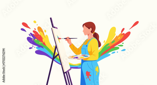 Creative Artist With Paintbrush And Rainbow Splashes Producing Artwork On Canvas