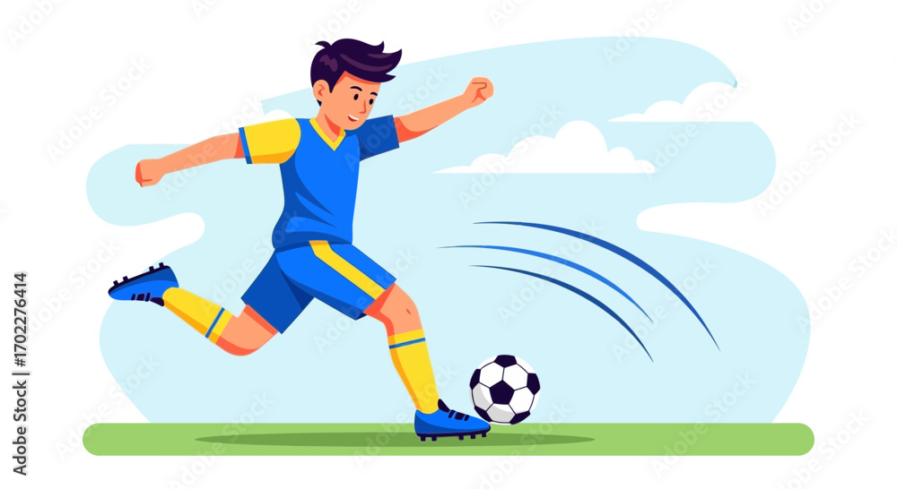 Obraz premium Energetic Football Player Kicking The Ball With Speed And Power In An Outdoor Field
