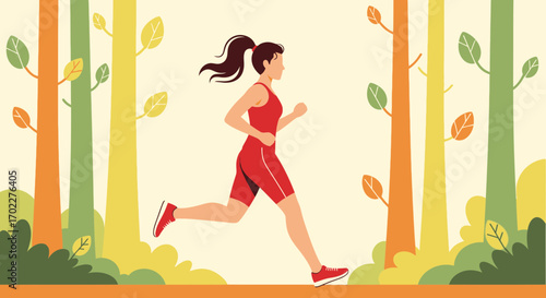 Energetic Female Runner Exercising, Nature And Forest Illustration, Wellness and Sport