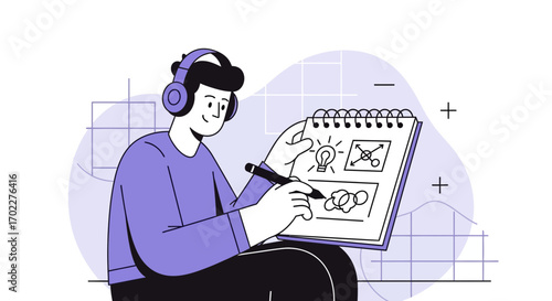 Creative individual generating ideas wearing headphones drawing on a notepad planning design
