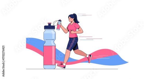 Energetic Female Runner Hydrating Herself While Taking a Break During a Run, Beautiful Graphic