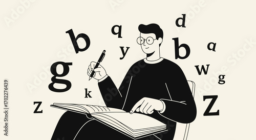 Creative Individual Writing In A Journal Surrounded By Floating Letters With Focus