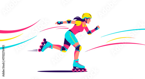 Energetic illustration of a woman inline skating with bright colors and dynamic lines