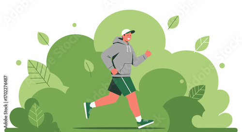 Energetic Individual Exercising Outdoors Amidst Natural Greenery and Symbolic Foliage