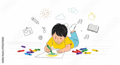 Creative Young Boy Enjoying Colorful Activity With Crayons Drawing on Surface