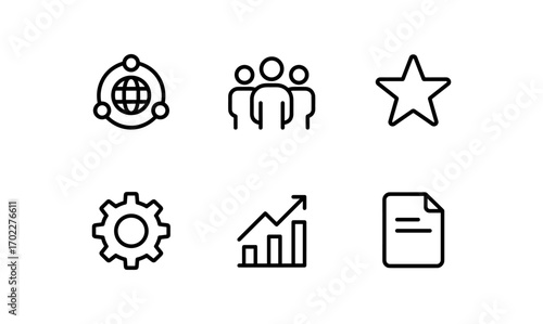 Essential linear icons: connectivity, people, favorites, settings, growth, document
