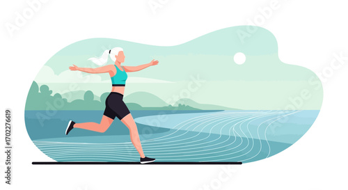Energetic Runner Embracing Movement And Freedom Against Landscape Background in Vector