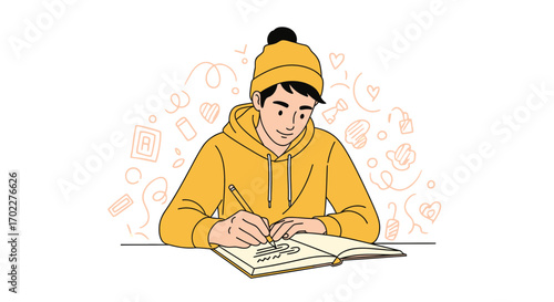 Creative Young Man Sketching In Journal With Yellow Hoodie, Hat, And Pencil