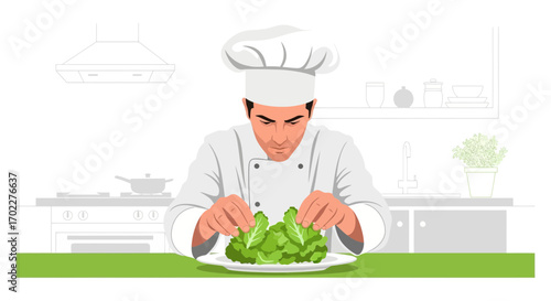 Culinary Artist Arranging Fresh Lettuces on a Plate in a Modern Kitchen Setting