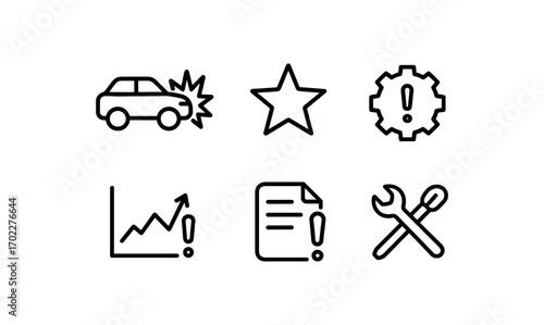 Black and white linear icons for alert, automotive, and business applications
