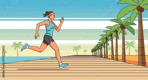 Energetic Runner Enjoying A Coastal Promenade Amidst Palm Trees And A Serene Sky