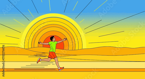 Energetic Runner Embracing Sunrise: Vibrant Illustration of Fitness, Freedom, and New Beginnings