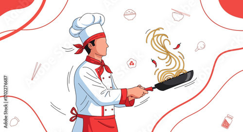 Culinary Chef Crafting Noodle Dish With Flair In Dynamic Illustrated Presentation