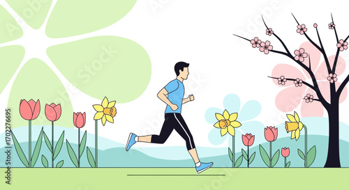 Energetic Runner Enjoying A Vibrant Floral Spring Season In The Outdoors