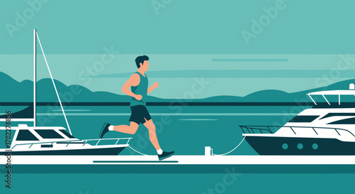 Energetic runner on a dock near yachts and boats, enjoying a healthy lifestyle running