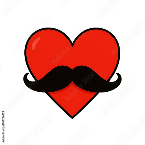 Red heart with black mustache isolated on transparent background