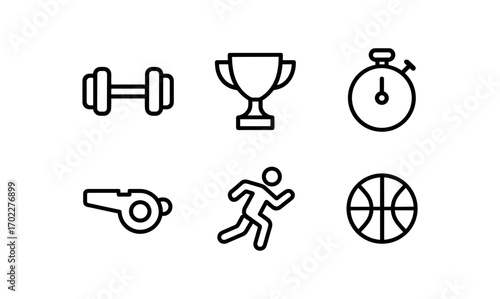 Minimalist sports icons: dumbbell, trophy, stopwatch, whistle, runner, basketball
