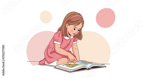 Curious Girl Engrossed In A Colorful Storybook While Enjoying Her Leisure Time Reading