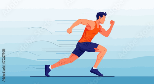 Energetic Runner Sprinting Across Illustrative Blue Backdrop with Motion Lines