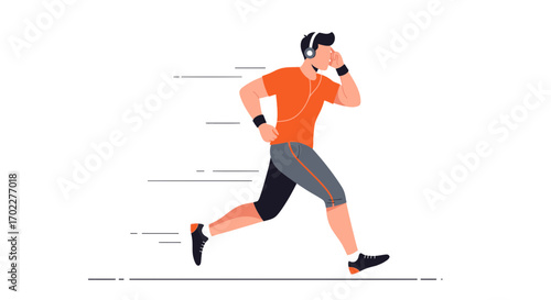 Energetic Runner With Headphones, Active Lifestyle, Illustrated Sport Movement Concept