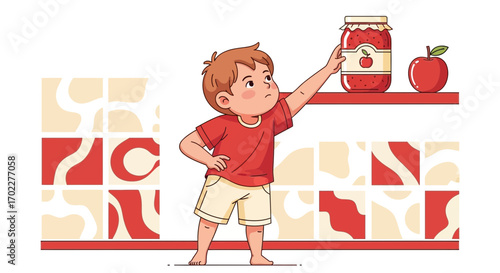 Curious Young Boy Reaching For Apple Jam, Food, And Healthy Eating Concept Illustration