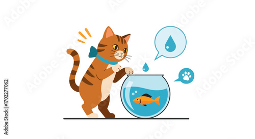 Curious Tabby Cat Watching Goldfish In A Glass Bowl With Water Drops