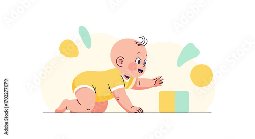 Curious Infant Reaching For Wooden Cube, Smiling, Isolated On A Plain White Background