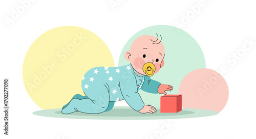 Cute baby crawling towards a red block concept illustration of childhood and development