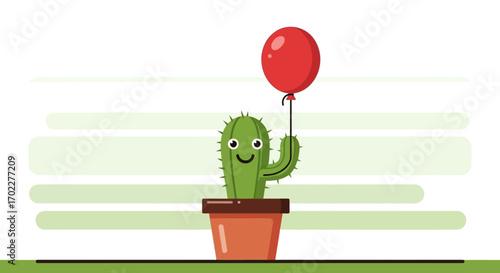 Cute cactus with a red balloon creative artwork in a pot cartoon illustration