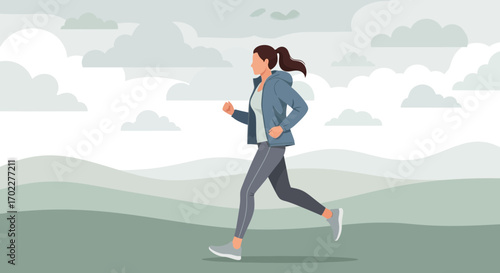 Energetic Woman Jogging Outdoors Amidst Overcast Skies, A Scene Of Physical Exertion