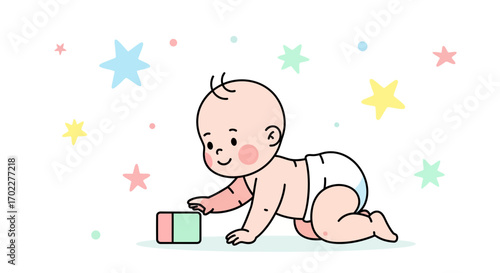 Cute Cartoon Baby Crawling Towards a Block with Stars Around on White Surface