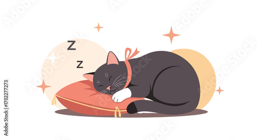 Cute Cartoon Cat Lounging Comfortably Asleep On a Soft Pillow With Sweet Dreams