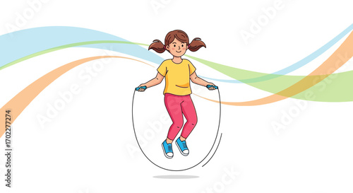 Energetic Young Girl Joyfully Skipping Rope with a Fun Colorful Background