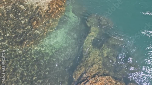 4k Aerial top down drone video of the Neretva River in Mostar, Bosnia and Herzegovina, showing blue water, rocks beneath the surface, and small fish swimming in the clear river during the day.