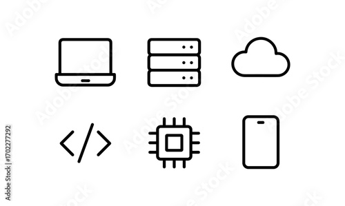 Minimalist tech icons: laptop, cloud, server, code, chip, smartphone