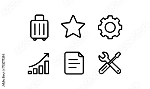 Black and white icon set featuring travel, settings, and productivity themes