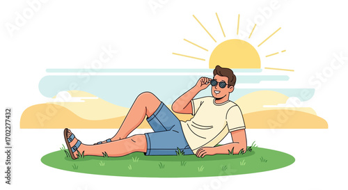 Enjoying Summer Sunlight: A Relaxing Daydream Under Sunny Skies with a Smiling Man