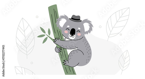 Cute cartoon illustration of a koala bear wearing a hat climbing a tree branch
