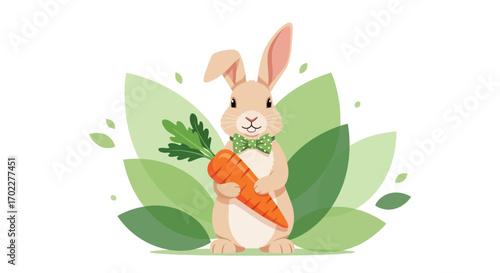 Cute Cartoon Illustration of a Rabbit Holding a Carrot with Foliage Background