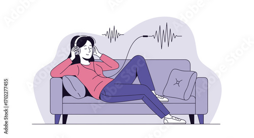 Enjoying The Melodies: A Woman Relaxing Music And Headphones Illustration