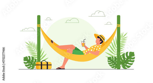 Enjoying Summer Vacation in a Hammock with a Tropical Drink, Relaxing and Calm
