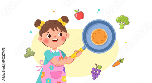 Cute cartoon illustration of a girl cooking food concept, preparing food and smiling