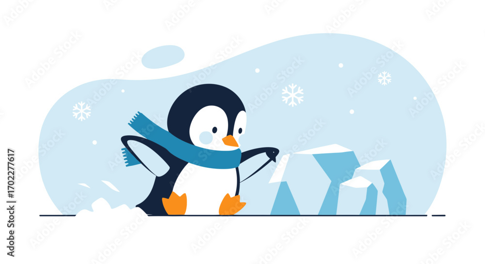 Naklejka premium Cute cartoon penguin in winter with scarf and icebergs, vector illustration