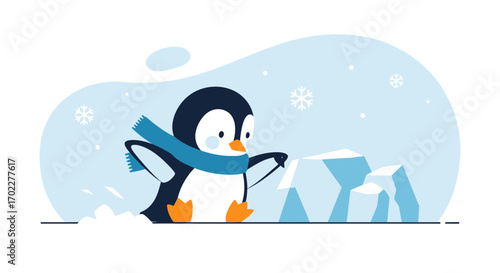 Cute cartoon penguin in winter with scarf and icebergs, vector illustration
