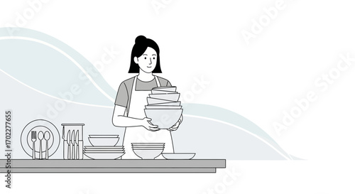 Everyday Domestic Task Illustration Depicting Lady Carrying Dishes, Modern Kitchen Scene