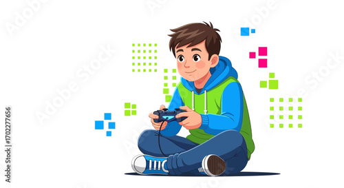 Enthusiastic Young Gamer Concentrating On Game With Controller on White Background