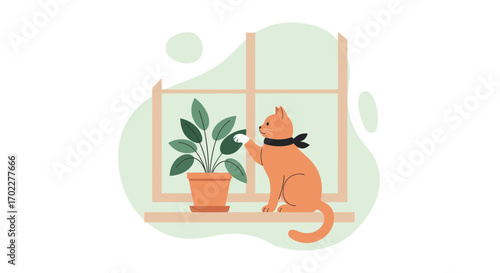 Cute cat playing with leafy plant on a windowsill in minimalist flat illustration
