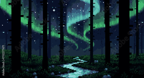 Pixelated Northern Lights Forest Scene